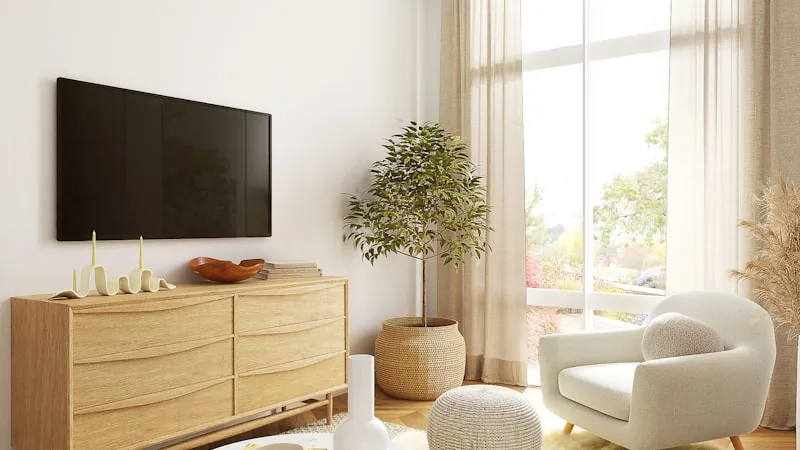 Modern flat-screen Smart TV in a living room displaying a streaming app home screen